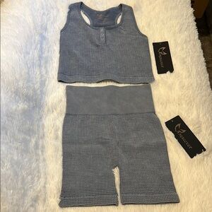 Blue Waffle Knit Tank and Shorts Set Size Large